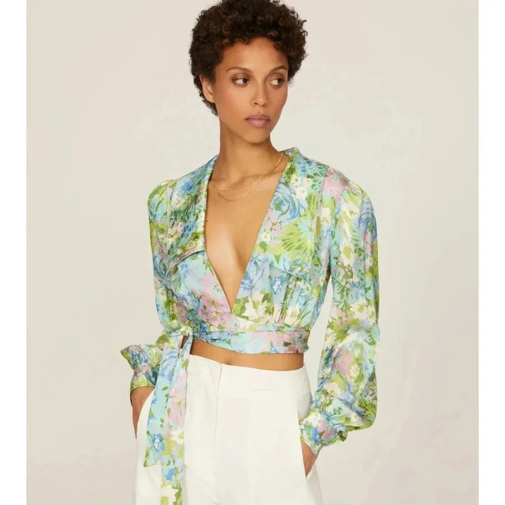 NWOT Ronny Kobo Demna Silk Floral Tie-Waist Crop Top Blouse -